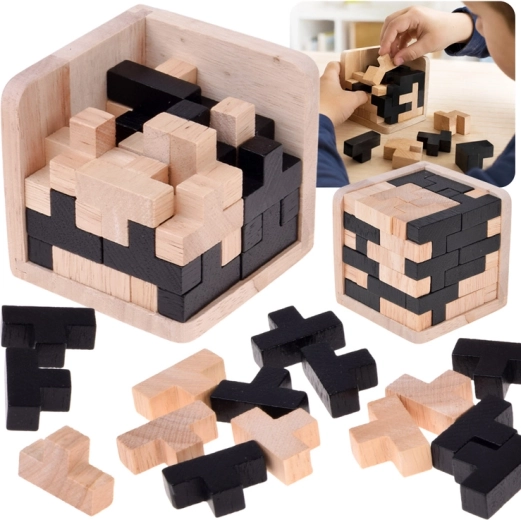 Lesena 3D logična kocka Tetris v črno-naravni izvedbi