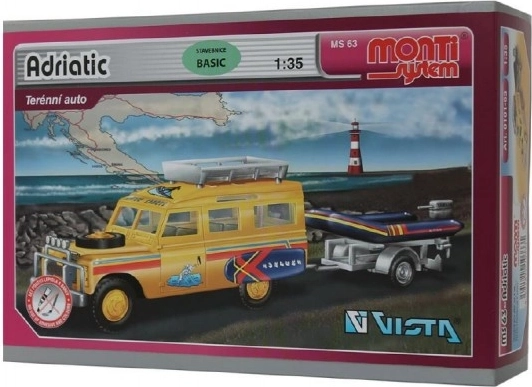 Stavebnica Monti System MS 63 Adriatic Land Rover-vleka s čolnom/čolničem 1:35 v škatli 22x15x6 cm