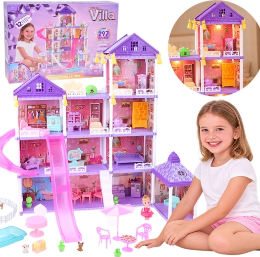 Vila LED hišica za punčke s toboganom in 250 deli