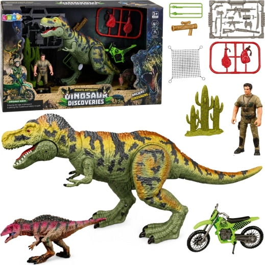 Otroški komplet z dinozavri T-Rex z zvoki, lovcem in motorjem