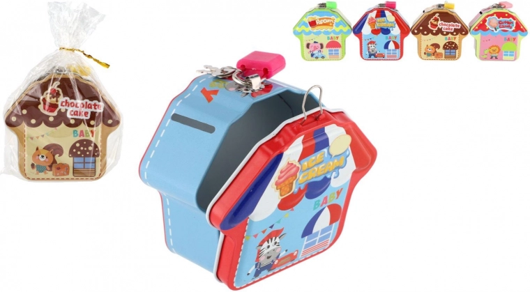 Kovinska hranilnica v obliki hišice z ključavnico, 10 × 10 cm, več barv