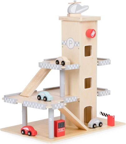 Lesena večnadstropna garaža z dvigalom in avtomobilčki ECOTOYS