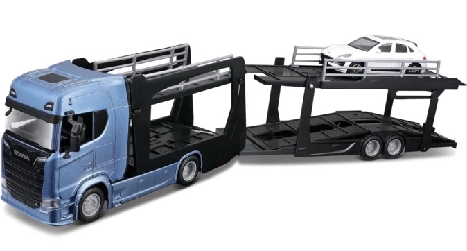 Bburago Street Fire tovornjak Scania 770S s priklopnikom in Porschejem Macan 1:43