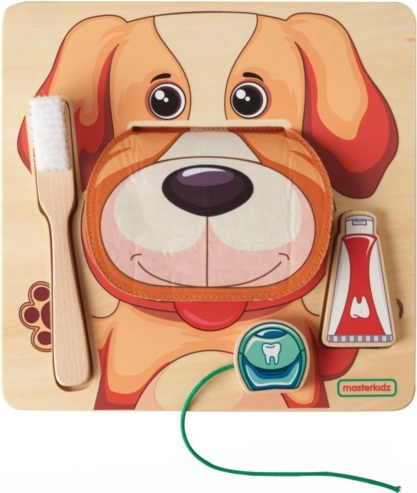 Masterkidz lesena montessori tabla za čiščenje zob – kužek