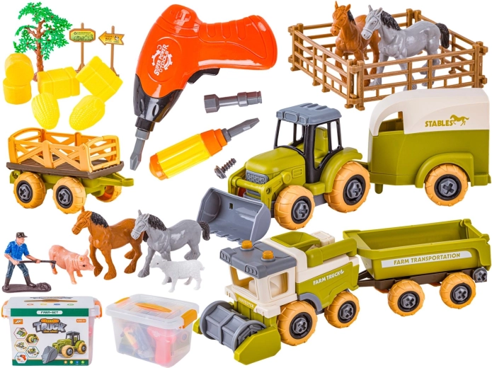 Sestavljiva mini kmetija – traktor in kombajn z izvijačem/vrtačko in živalmi