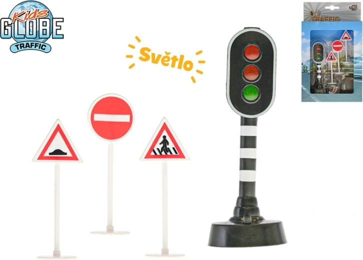Semafor na baterije s svetlobo 13 cm + 3 prometni znaki KIDS GLOBE TRAFFIC