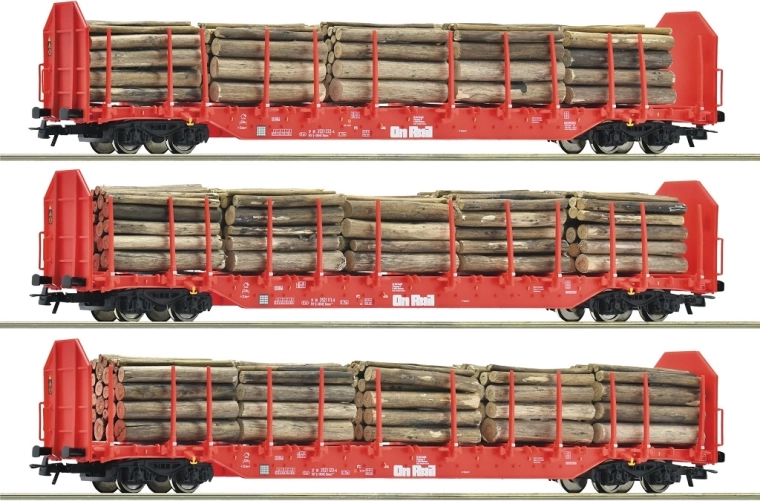 Roco set of 3 Rnoos stake wagons with OnRail load (H0)