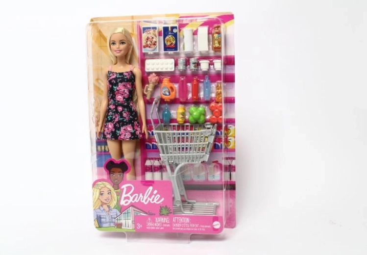 Barbie punčka na nakupovanju z vozičkom in dodatki