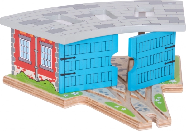Bigjigs Rail trojna lokomotivna lopa z vrati za lesene železniške proge