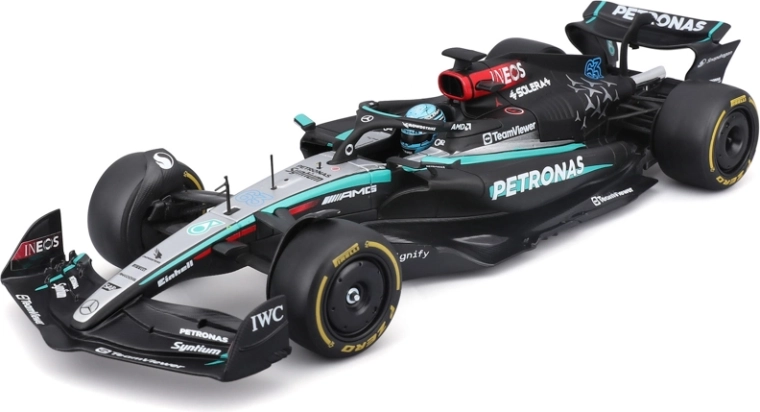 Model Bburago F1 Mercedes‑AMG Petronas W15 2024 George Russell #63 1:24 v akrilnem boksu