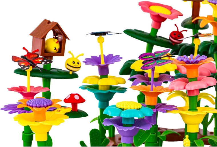 Colorful pieces and decorations including insects