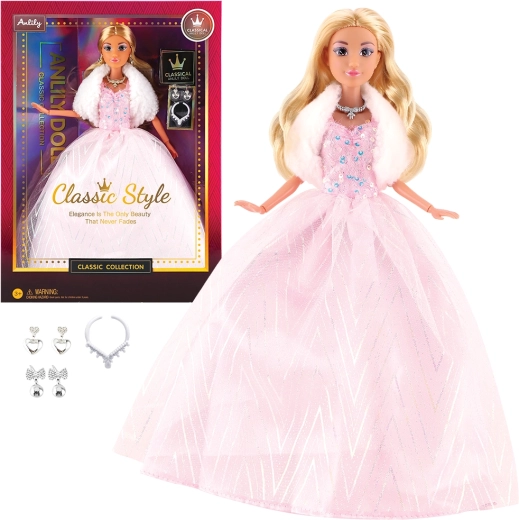 Modna punčka v svetlo rožnatih večernih oblekah