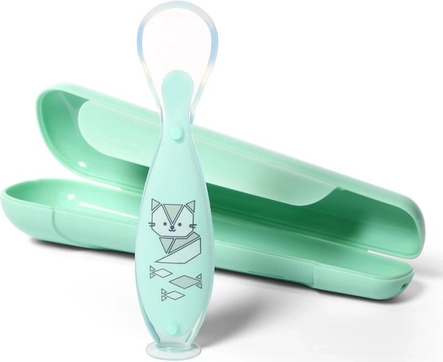 BabyOno silikonska žlička s priseskom in potovalnim etuijem, mint, 6m+