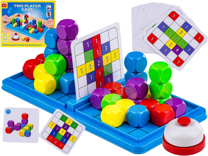 Fast logic and reflex game for two players with dice, cards and a bell