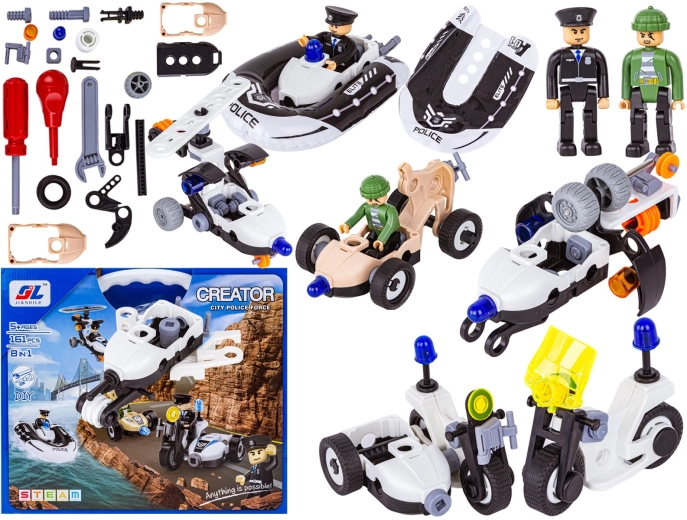 Police construction building set 8-in-1 with screw assembly – 161 pieces