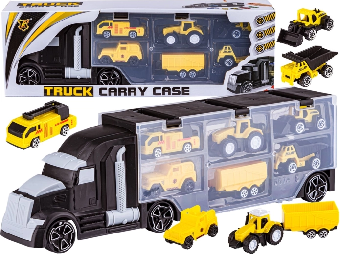 Črni tovornjak transporter z odpiralno prikolico in mini gradbenimi vozili 6 v 1