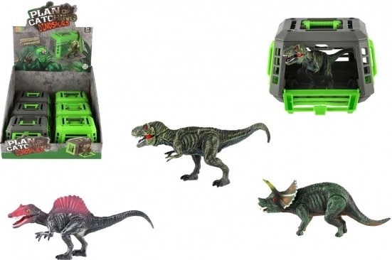 Dinozaver v prenosni kletki – plastična igrača 13 × 9 cm, mešanica vrst, škatla 12 kos