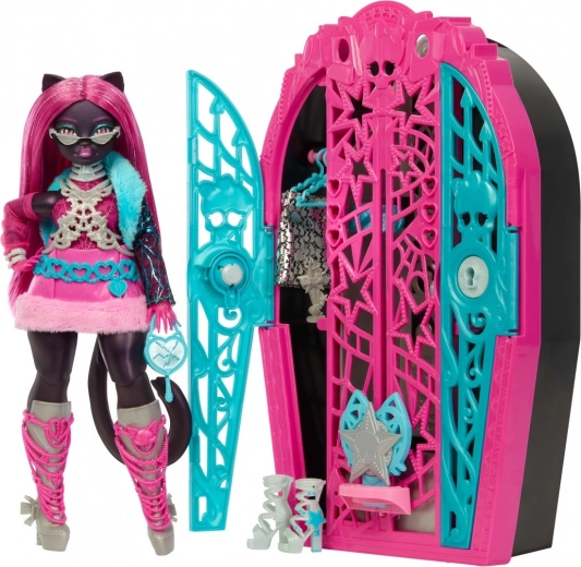 Monster High Strašljive skrivnosti Catty Noir – igrača z garderobo in presenečenji
