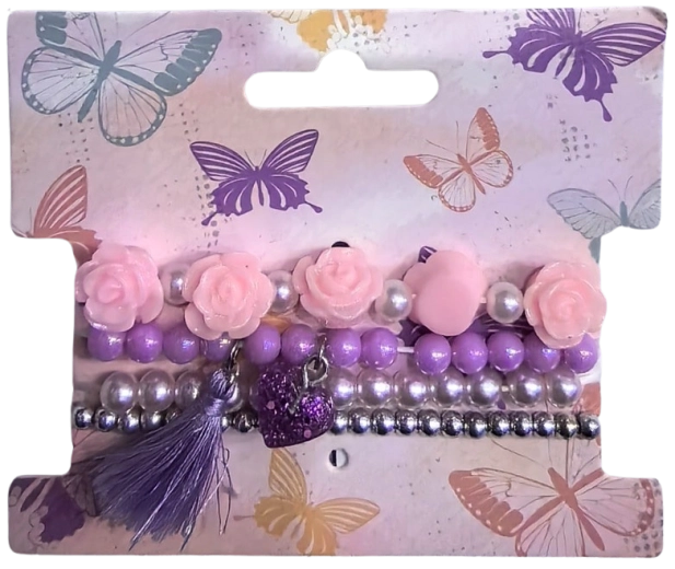Pink komplet perlnih zapestnic s cvetovi, 4 kosi