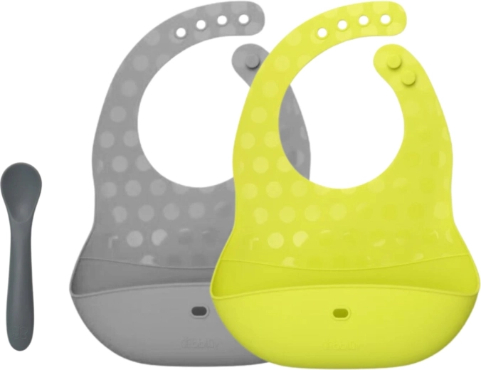 Bblüv Pöket komplet silikonskih slinčkov in žličke lime/grey