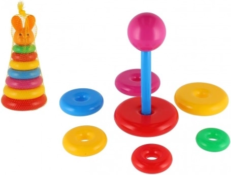 Plastična zložljiva piramida z barvnimi obročki 24 cm, v mrežici, od 12 mesecev