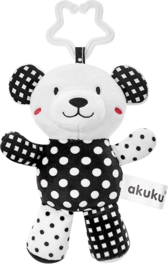 Plush black-and-white teddy bear with rattle for babies
