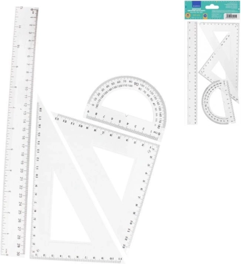Geometrijski set 4 kosi (ravnilo 30 cm, 2× trikotnik, kotomer)
