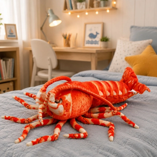 Large plush shrimp for cuddling and as a pillow
