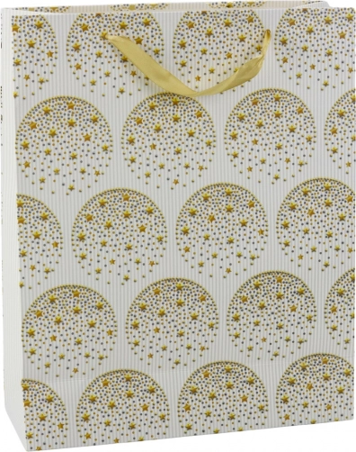Darilna vrečka z zlatimi zvezdicami, bela, 32 × 26 × 12 cm
