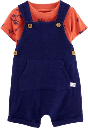 Carter’s 2-delni komplet za fantke: majica s kratkimi rokavi in kratke hlače z naramnicami v navy/oranžni barvi – 3m