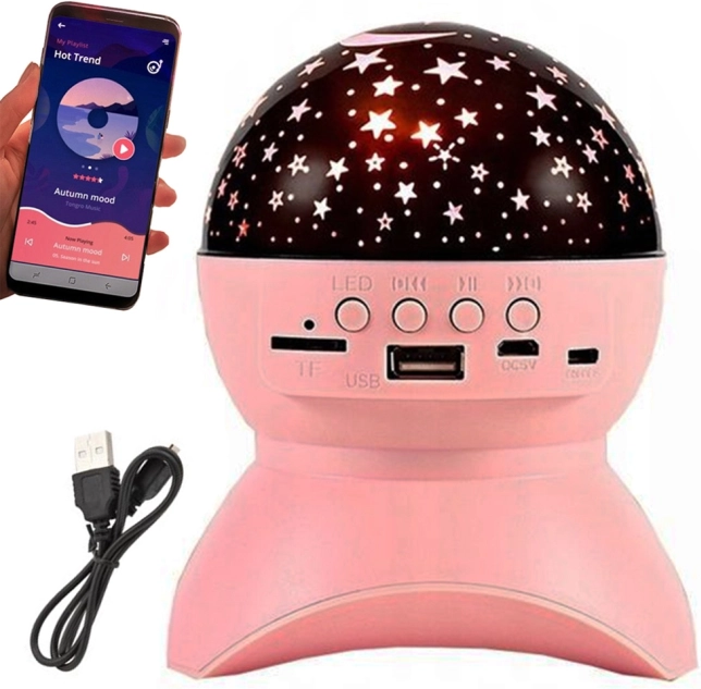 Zvezdni projektor in nočna lučka z Bluetooth zvočnikom, USB in LED – rožnata