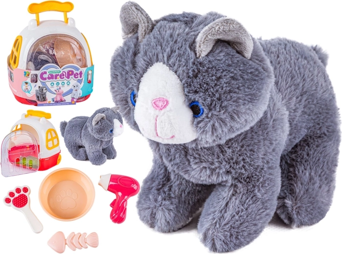 Cat care set with a plush cat and carrier - 1 piece