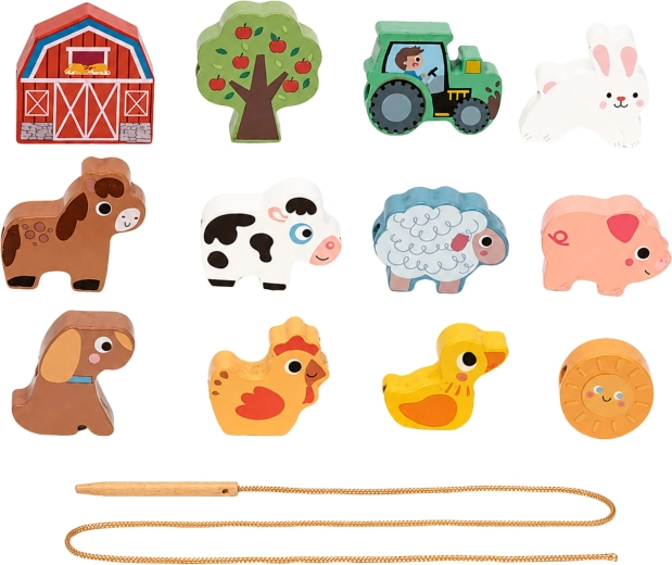 13 wooden pieces with a farm theme