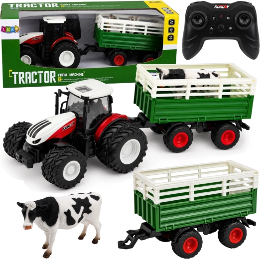 RC kmetijski traktor s prikolico in figurico krave 1:24