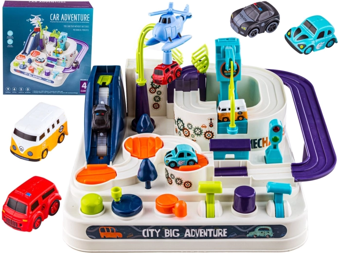 Interactive obstacle track with parking lot and rescue vehicles