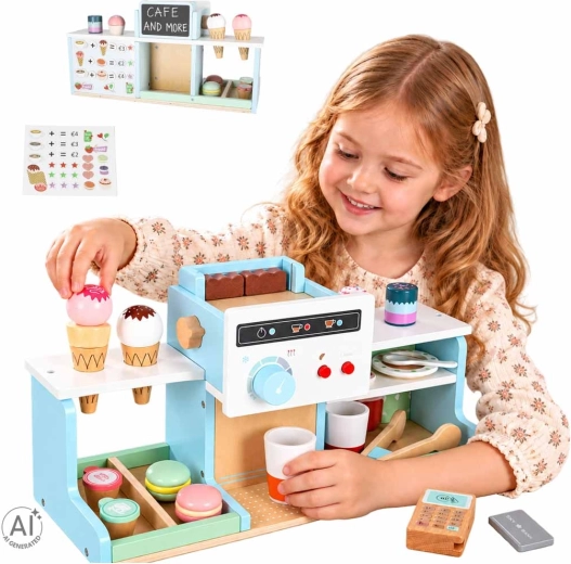 Wooden kids’ café and patisserie with coffee machine and ice cream