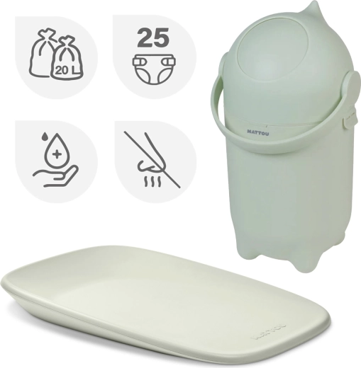 Nattou set: koš za plenice Dropy in previjalna podloga Softy Green 50 × 70 cm