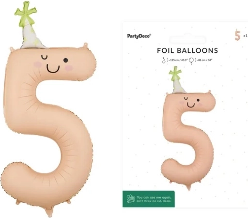 Folijski balon v obliki številke 5, breskvast z obrazom, 86 cm