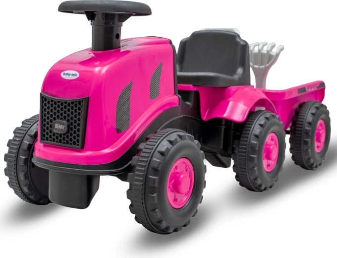 Otroški poganjalec traktor s prikolico in orodjem Baby Mix Benny rožnate barve