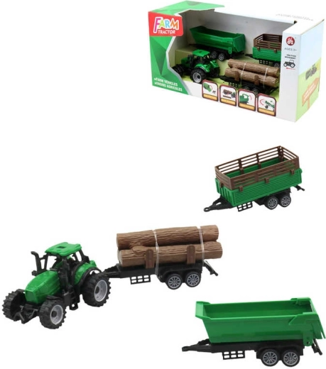 Zeleni traktor s 3 prikolicami in hlodi lesa – igralni set