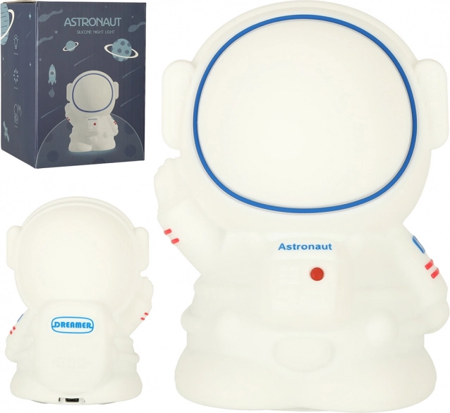 Silikonska otroška nočna lučka astronavt, na dotik, USB, 8 LED, RGB, bela