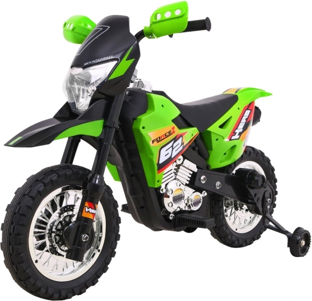Otroški električni motokros motor na akumulator – zelen, s pomožnimi koleščki in LED lučmi