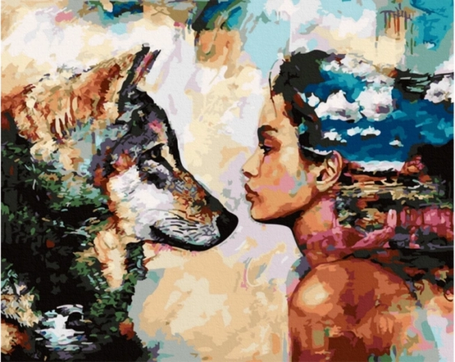 Slika za slikanje po številkah 50 × 40 cm Pogled – volk in ženska