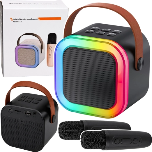 Brezžični karaoke set K12 – Bluetooth zvočnik z dvema mikrofonoma in LED lučmi (črn)
