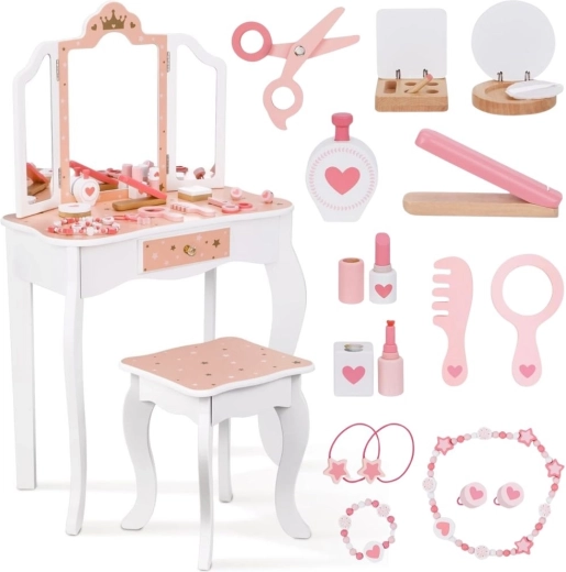 Lesena toaletna mizica s trojnim ogledalom in dodatki WOOPIE GREEN