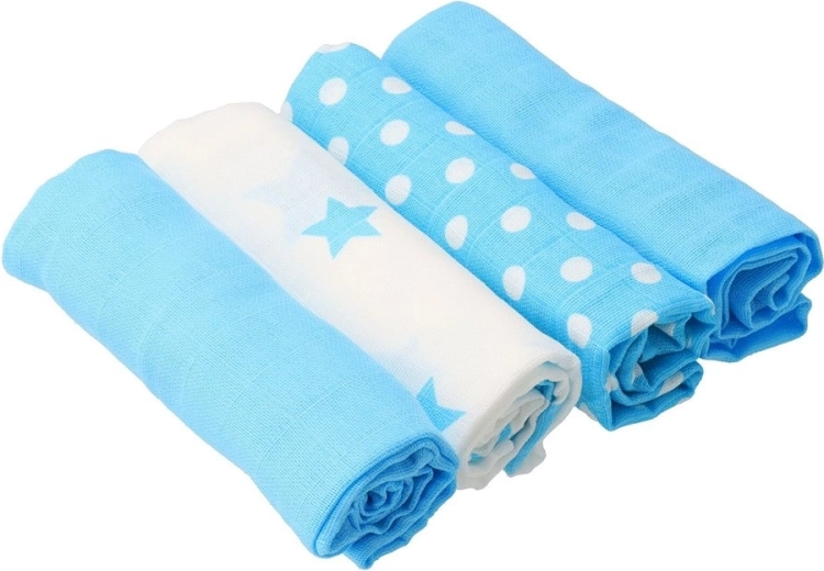 Bombažne tetra plenice New Baby Softy s potiskom 70 × 70 cm, 4 kosi, turkizno-bele