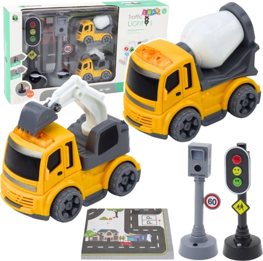 Otroški komplet semafor s fotoradarjem, igralno podlogo in gradbenimi avtomobilčki z lučmi in zvoki