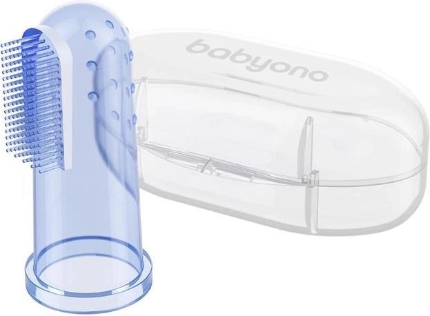BabyOno silikonska prstna zobna ščetka s etuijem, modra
