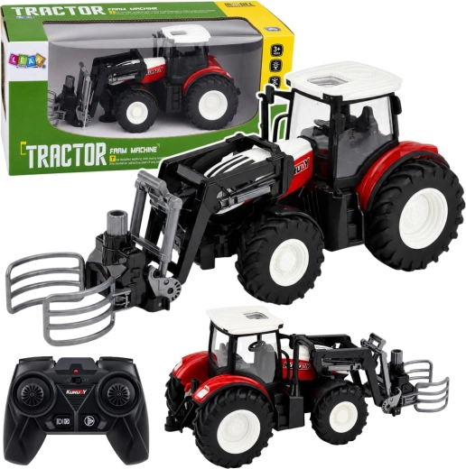 RC kmetijski traktor na daljinsko upravljanje s čelnim nakladalnikom in prijemalko za bale 1:24, rdeč