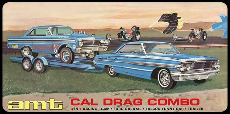 AMT plastični model 3 v 1 Cal Drag Combo 1964 Galaxie, AWB Falcon in prikolica 1:25 - 1 kos